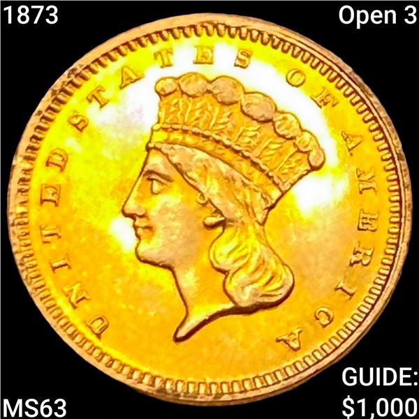 1873 Open 3 Rare Gold Dollar CHOICE BU