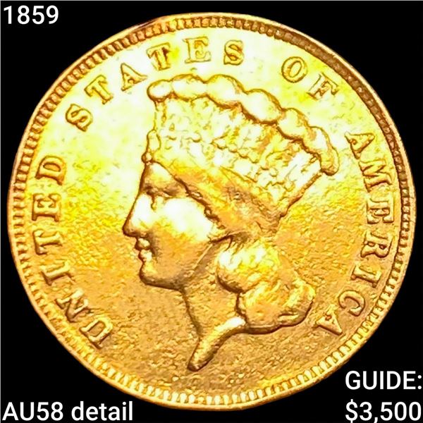 1859 $3 Gold Piece CHOICE AU