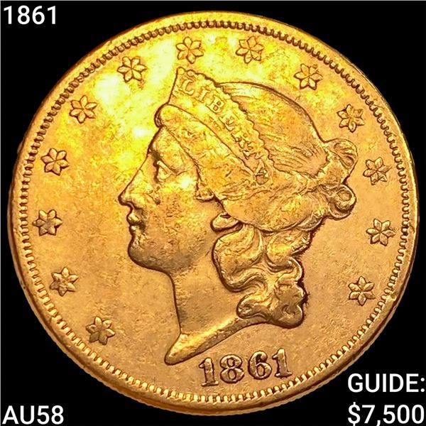 1861 $20 Gold Double Eagle CHOICE AU