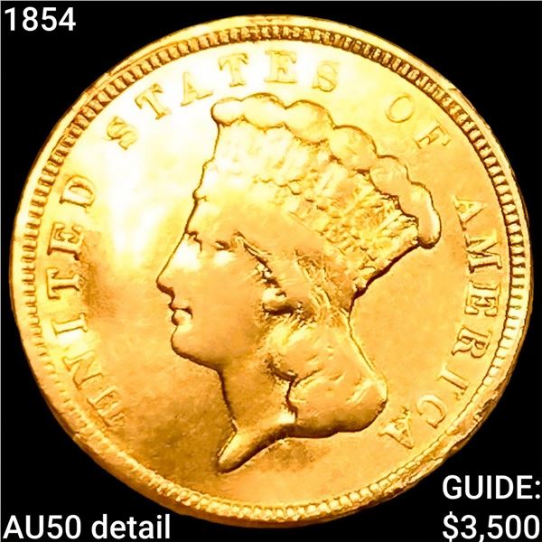 1854 $3 Gold Piece CLOSELY UNCIRCULATED