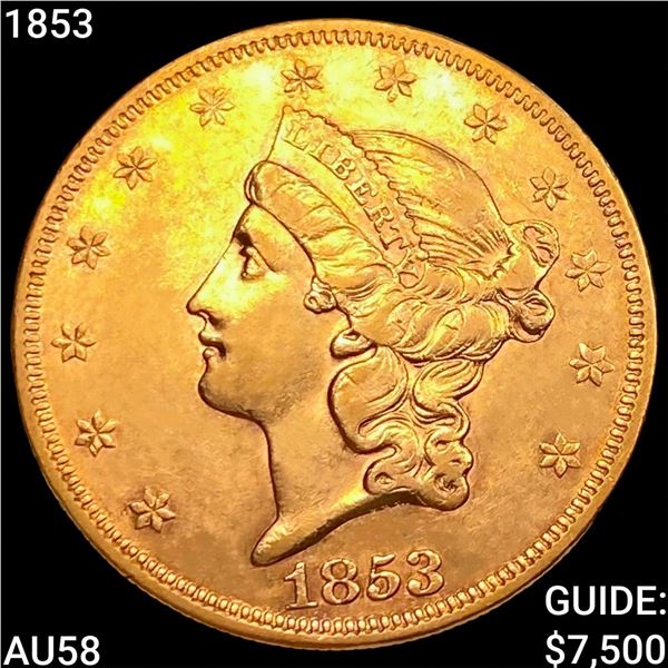 1853 $20 Gold Double Eagle CHOICE AU