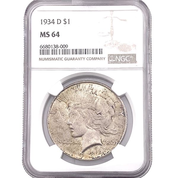 1934-D Silver Peace Dollar NGC MS64