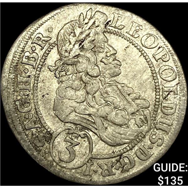 1655-1705 Hungary Leopold Silver 3 Kreuzer CLOSELY UNCIRCULATED