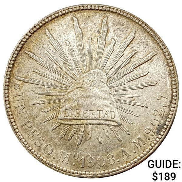 1908Mo AM Mexico Silver Peso CHOICE AU