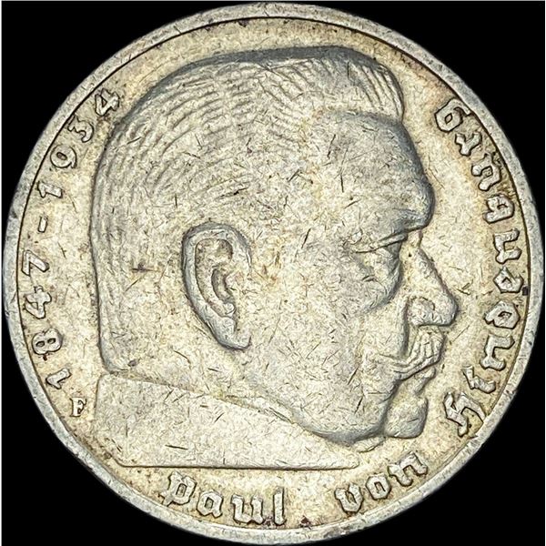 1936-F Germany Silver 5 Reichsmark CLOSELY UNCIRCULATED