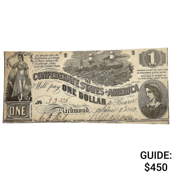 1862 $1 Confed. States of America Note-Richmond