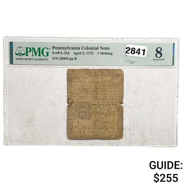1772 1 Shilling Penn. Colonial Note PMG VG 8