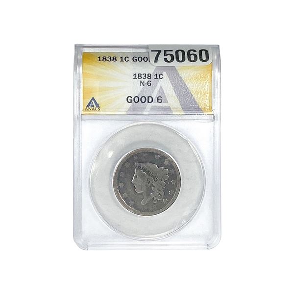 1838 Coronet Head Large Cent ANACS N6