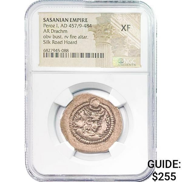 Sasanian Peroz I, AD 457/9-484 Silver Drachm NGC XF