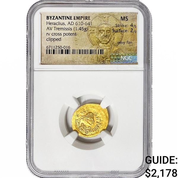 Byzantine Heraclius 610-641 Gold Tremissis 1.45G NGC MS