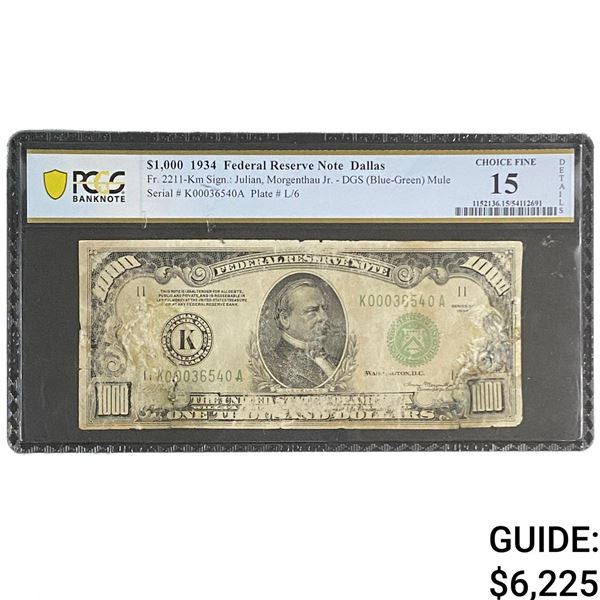 1934 $1000 Federal Reserve Note Dallas PCGS CF 15