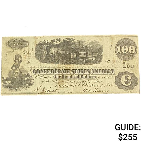 1864 $100 Confederate States America Richmond