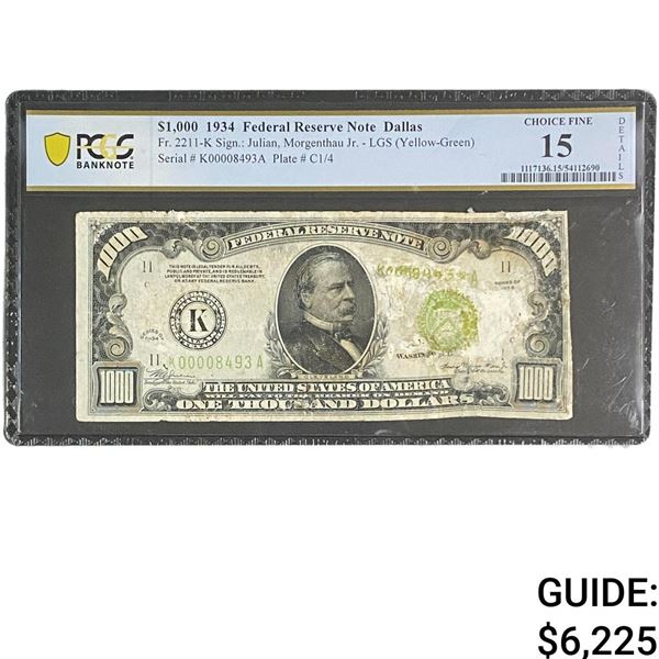 1934 $1000 Federal Reserve Note Dallas PCGS CF 15