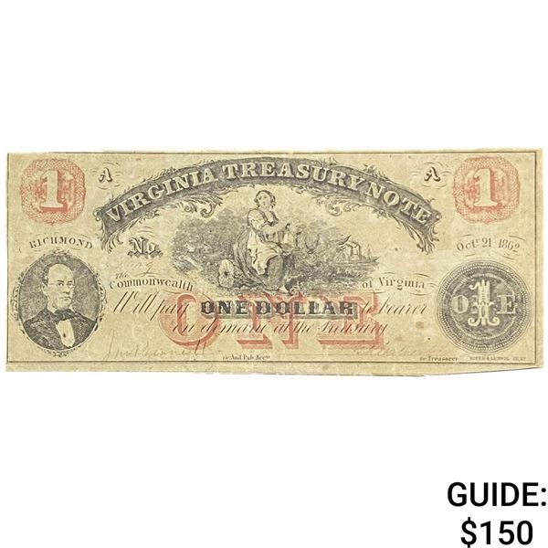 1862 $1 Virginia Treasury Note Obsolete Richmond