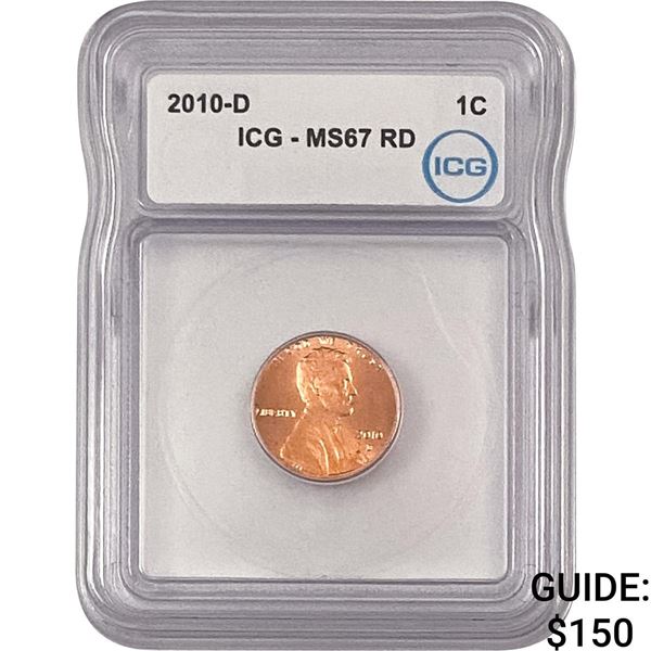 2010-D Union Shield Lincoln Cent ICG MS67 RD