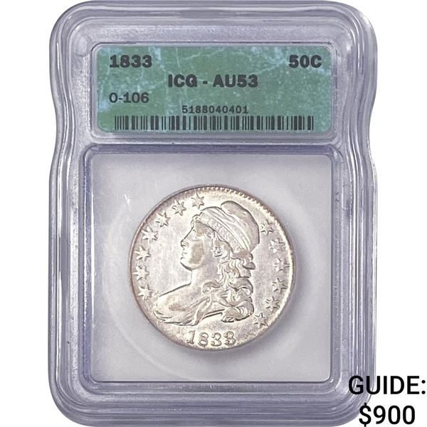 1833 Capped Bust Half Dollar ICG AU53 O-106