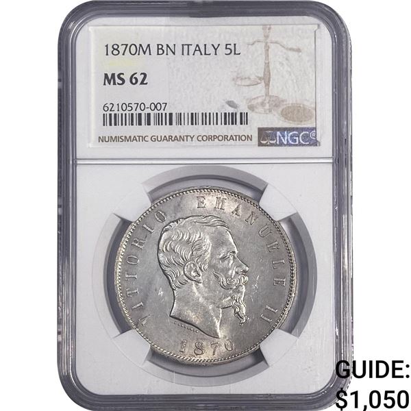 1870M BN Italy Silver 5 Lire Vittorio NGC MS62