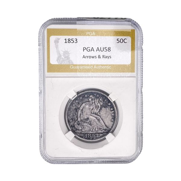 1853 Seated Liberty Half Dollar PGA AU58 Arrows/Rays