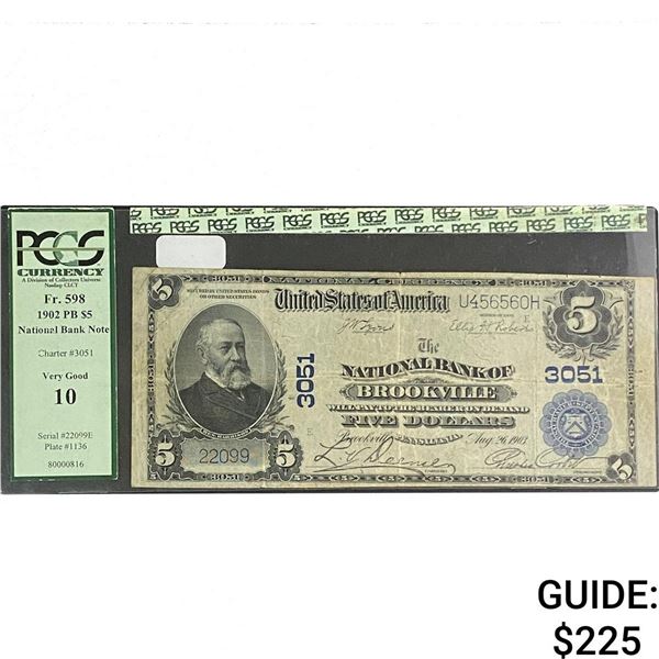 1902 $5 National Bank Of Brookville PCGS VG 10