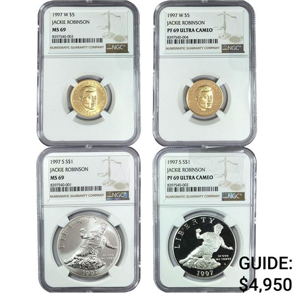 [4 Coins]1997 Jackie Robinson Silver Dollar&Gold$5 NGC PF/MS69 Ultra Cameo