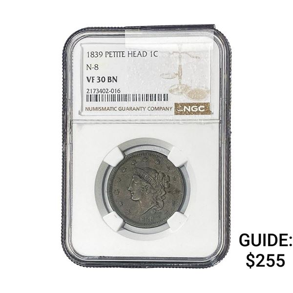 1839 Coronet Head Large Cent NGC VF30 BN Pet. Head