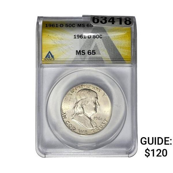 1961-D Franklin Half Dollar ANACS MS65