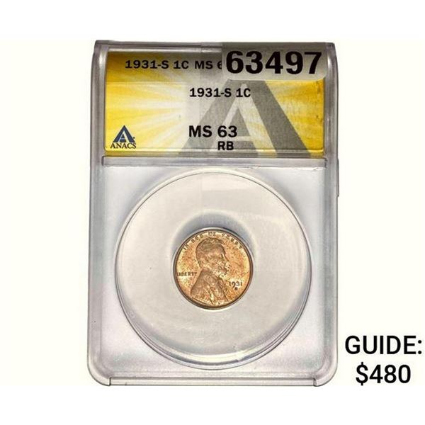 1931-S Wheat Cent ANACS MS63 RB