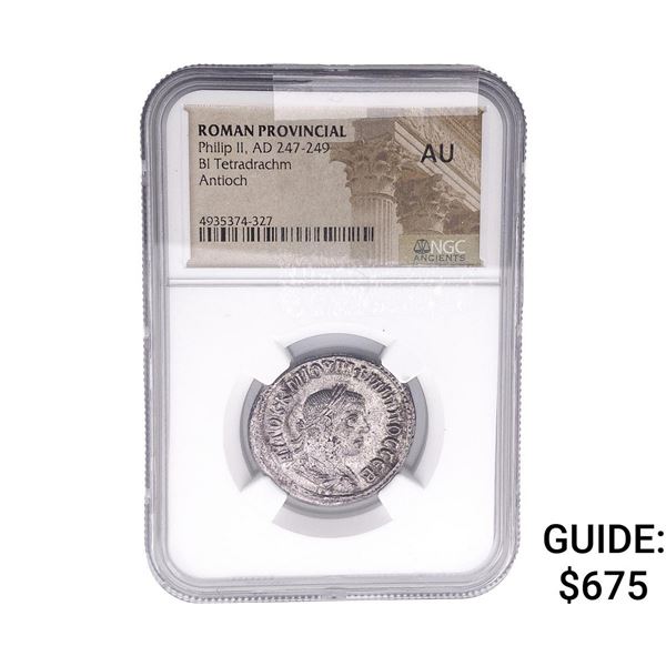 247-249AD Roman Provincial Philip II BI Tetradrachm NGC AU
