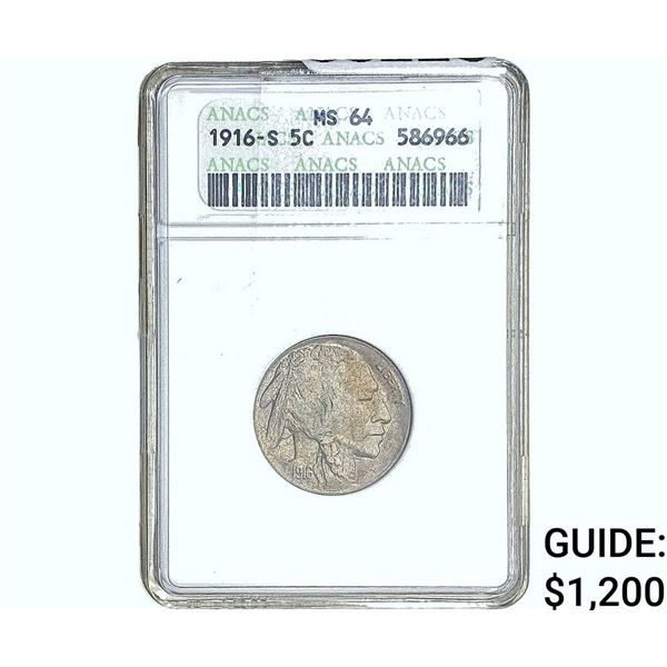 1916-S Buffalo Nickel ANACS MS64
