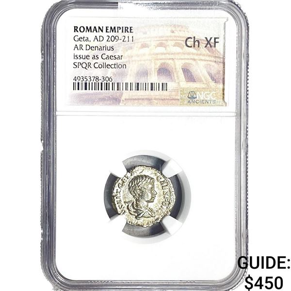 Roman Geta,AD209-211 AR Denarius As Caesar.Laodicea NGC ChXF