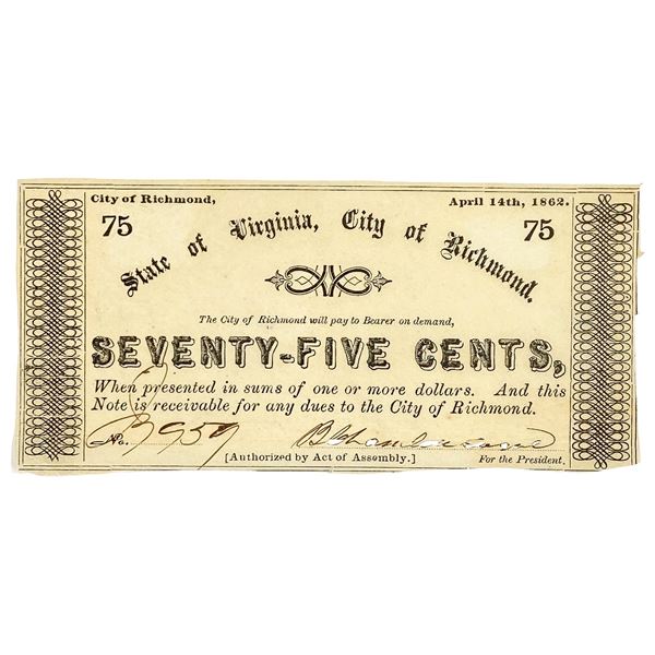 1862 75C State of Virginia Fractional Currency