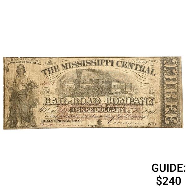 1862 $3 Mississippi Central Rail-Road Company Note