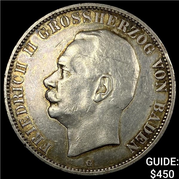 1913G German Silver 5 Mark NEARLY UNCIRCULATED