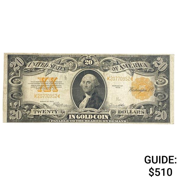 1922 $20 Large Banknote Gold Certificate