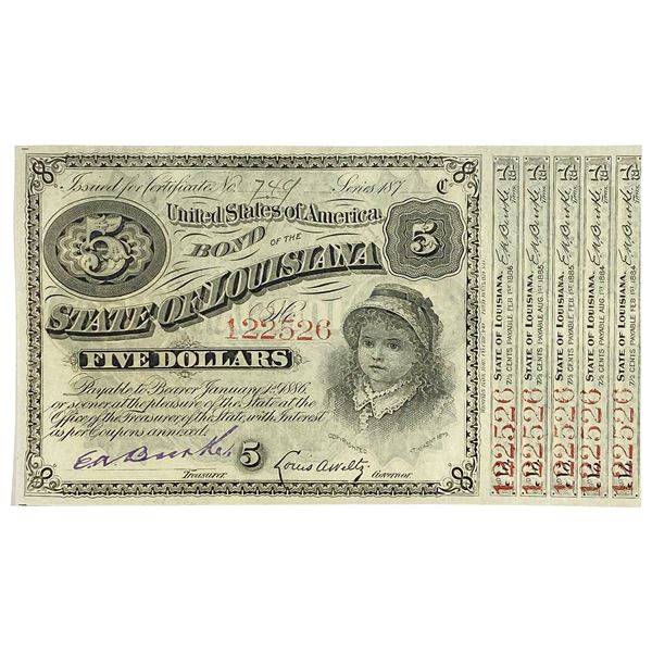 1886 $5 State of Louisiana Bond
