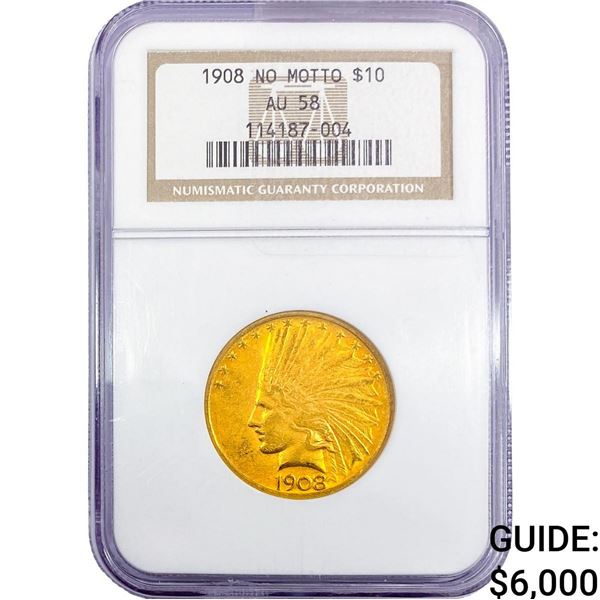 1908 $10 Gold Eagle NGC AU58 No Motto