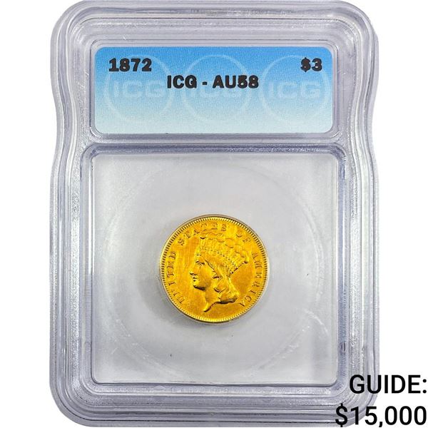 1872 $3 Gold Piece ICG AU58