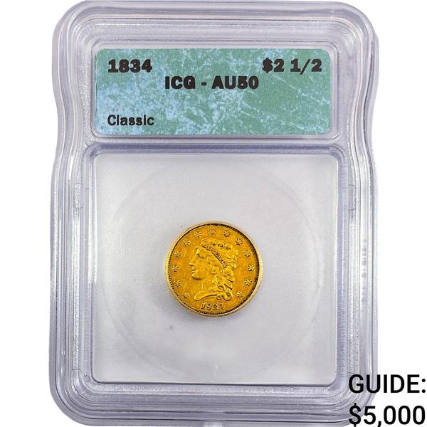 1834 $2.50 Gold Quarter Eagle ICG AU50