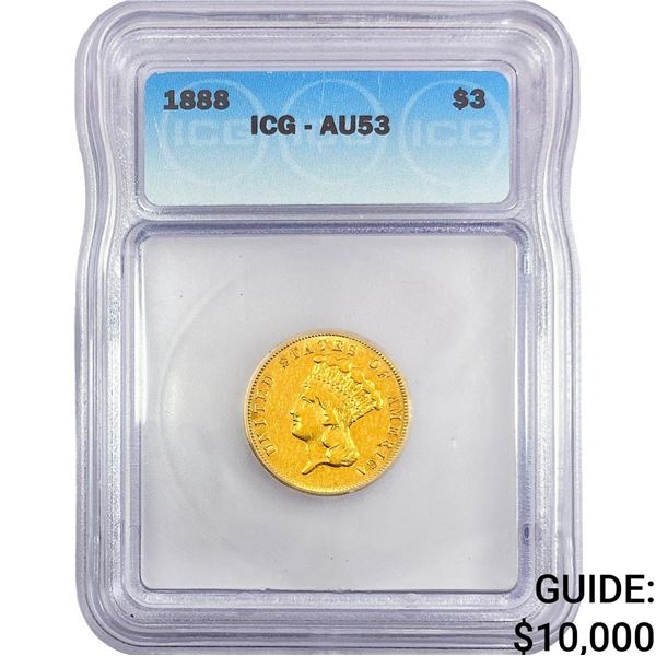 1888 $3 Gold Piece ICG AU53