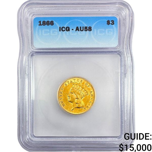 1866 $3 Gold Piece ICG AU58