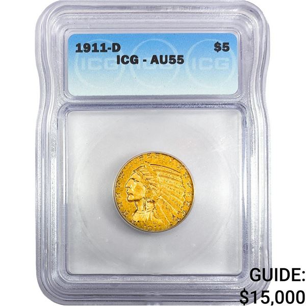1911-D $5 Gold Half Eagle ICG AU55