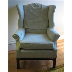 Damask Upholstered Wing Chair with square legs and walnut stretcher
