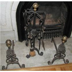 Set of Antique Wrought Iron Fireplace Tools and Andirons