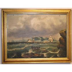 19th Century Ptg of Small Ships on Rocky Coast