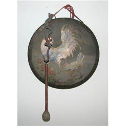 Chinese Gong with Rooster Decoration, Serpent Holder and Gong