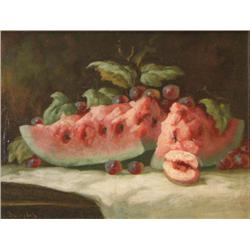 Douglas Still Life of Cut Melon and Fruit painting