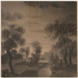 Sandpaper Drawing of House and Bridge with Trees