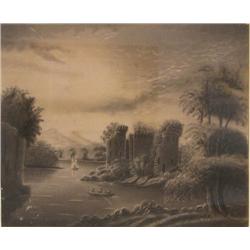 Sandpaper Drawing of Castle Ruins and Lake Landscape