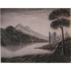 Sandpaper Painting Lake Landscape with Castle Ruins