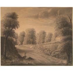 Barnes Sandpaper Drawing of a Country Road and Inn